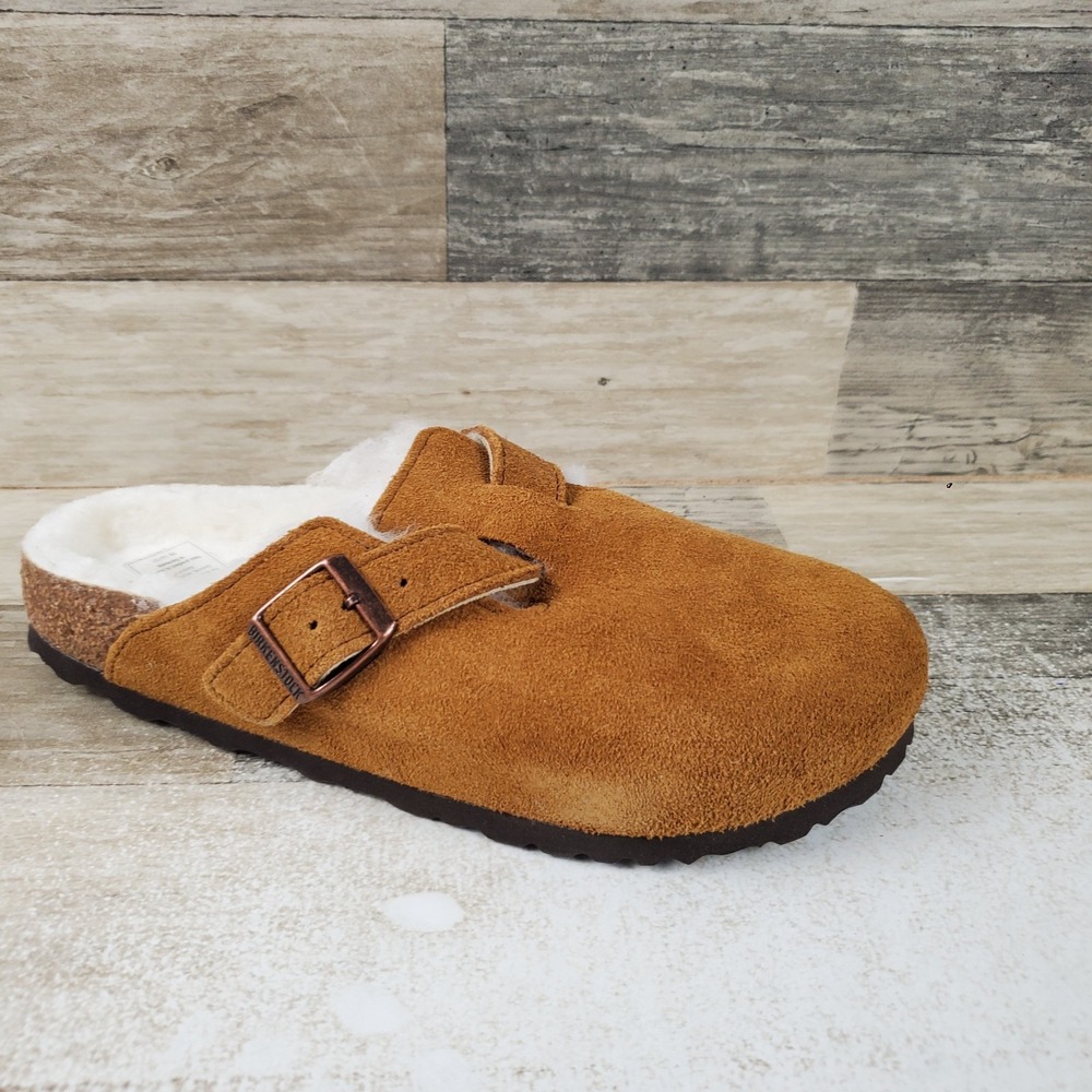 Birkenstock Boston Shearling Clog Womens 7 Narrow Mink Suede Buckle Slip On